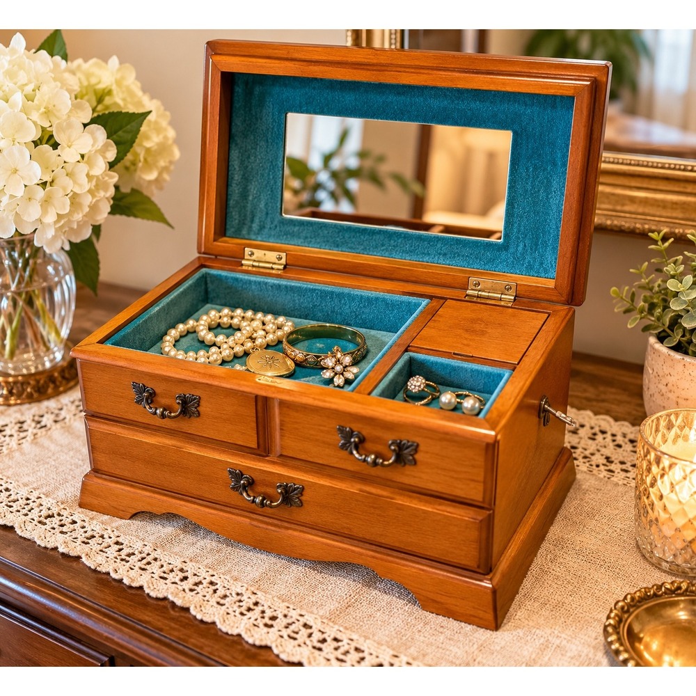 Vintage Wooden Musical Jewelry Box Cottagecore Traditional Vanity Chest